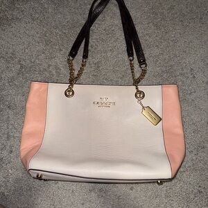 Coach Cammie Chain Tote in Cream & Peach with Snakeskin Handles